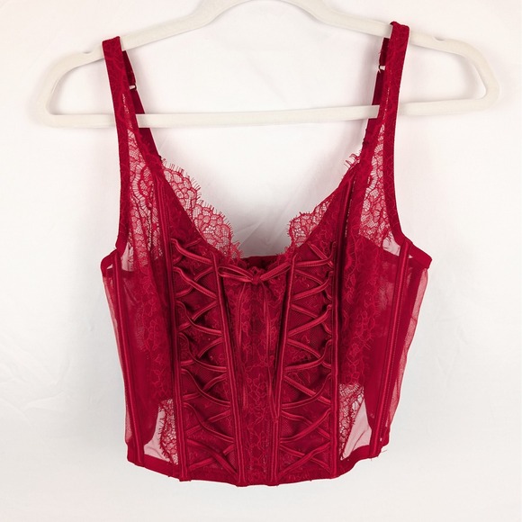VS Red Lace Corset Bustier Top Lingerie Adjustable Straps Hook Eye Closure MDD - Picture 1 of 8